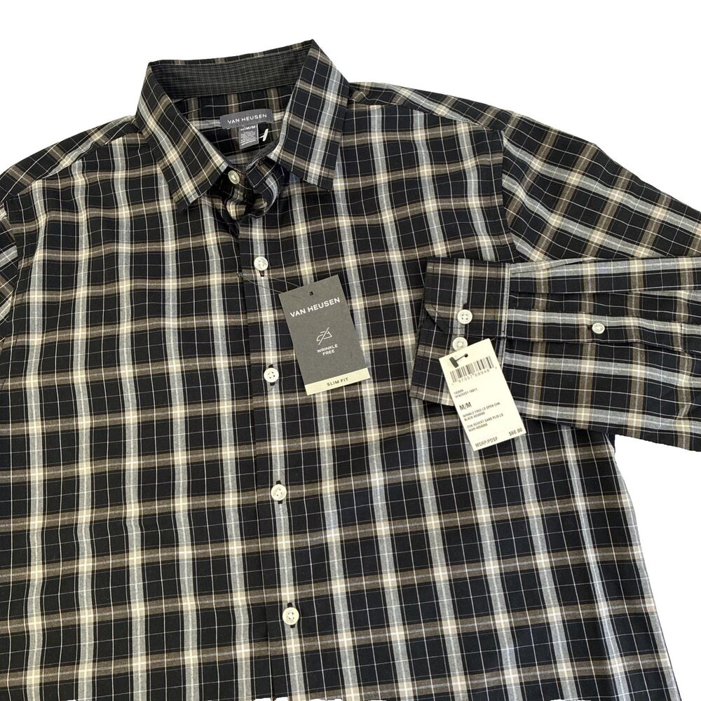 New Mens Van Heusen Long Sleeve Button Up Slim Fit Shirt Size Medium Plaid Black